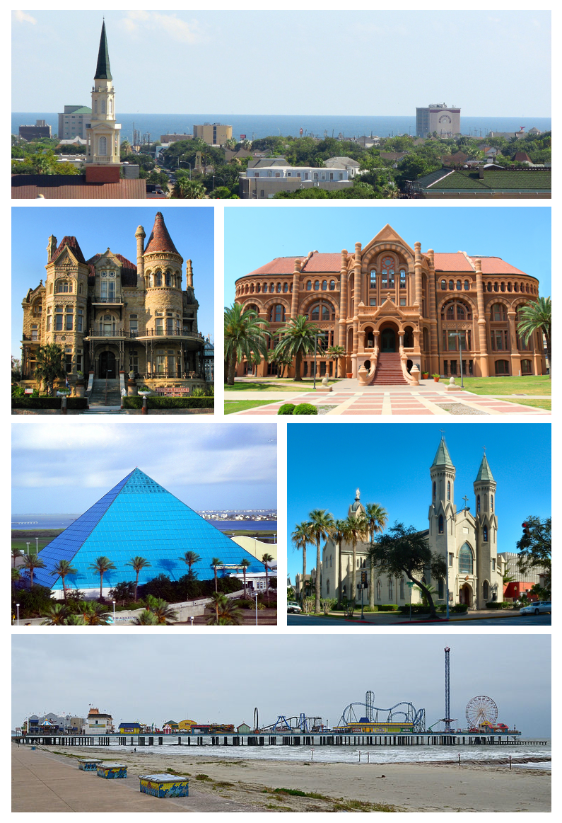 Galveston ( GAL-vis-tən) is a coastal resort city and port off the Southeast Texas coast on Galveston Island and Pelican Island in the U.S. state of Texas. The community of 209.3 square miles (542 km2), with a population of 53,695 in 2020, is the county seat of surrounding Galveston County and second-largest municipality in the county. It is also within the Houston–The Woodlands–Sugar Land metropolitan area at its southern end on the northwestern coast of the Gulf of Mexico.
Galveston, or Galvez's town, was named after 18th-century Spanish military and political leader Bernardo de Gálvez, 1st Count of Gálvez (1746–1786), who was born in Macharaviaya, Málaga, in the Kingdom of Spain. Galveston's first European settlements on the Galveston Island were built around 1816 by French pirate Louis-Michel Aury to help the fledgling empire of Mexico fight for independence from Spain, along with other colonies in the Western Hemisphere of the Americas in Central and South America in the 1810s and 1820s. The Port of Galveston was established in 1825 by the Congress of Mexico following its independence from Spain. The city was the main port for the fledgling Texas Navy during the Texas Revolution of 1836, and later served temporarily as the new national capital of the Republic of Texas. In 1865, General Gordon Granger arrived at Ashton Villa and announced to some of the last enslaved African Americans that slavery was no longer legal. This event is commemorated annually on June 19, the federal holiday of Juneteenth.
During the 19th century, Galveston became a major U.S. commercial center and one of the largest ports in the United States. It was, for a time, Texas' largest city, known as the "Queen City of the Gulf". It was devastated by the unexpected Galveston Hurricane of 1900, whose effects included massive flooding and a storm surge which nearly wiped out the town. The natural disaster on the exposed barrier island is still ranked today as the deadliest in United States history, with an estimated death toll between 6,000 and 12,000 people. The city subsequently reemerged during the Prohibition era of 1919–1933 as a leading tourist hub and a center of illegal gambling, nicknamed the Free State of Galveston until this era ended in the 1950s with subsequent other economic and social development.
Much of Galveston's economy is centered in the tourism, health care, shipping, and financial industries. The 84-acre (34 ha) University of Texas Medical Branch campus with an enrollment of more than 2,500 students is a major economic force of the city. Galveston is home to six historic districts containing one of the largest historically significant collections of 19th-century buildings in the U.S., with over 60 structures listed on the National Register of Historic Places, maintained by the National Park Service in the United States Department of the Interior.

