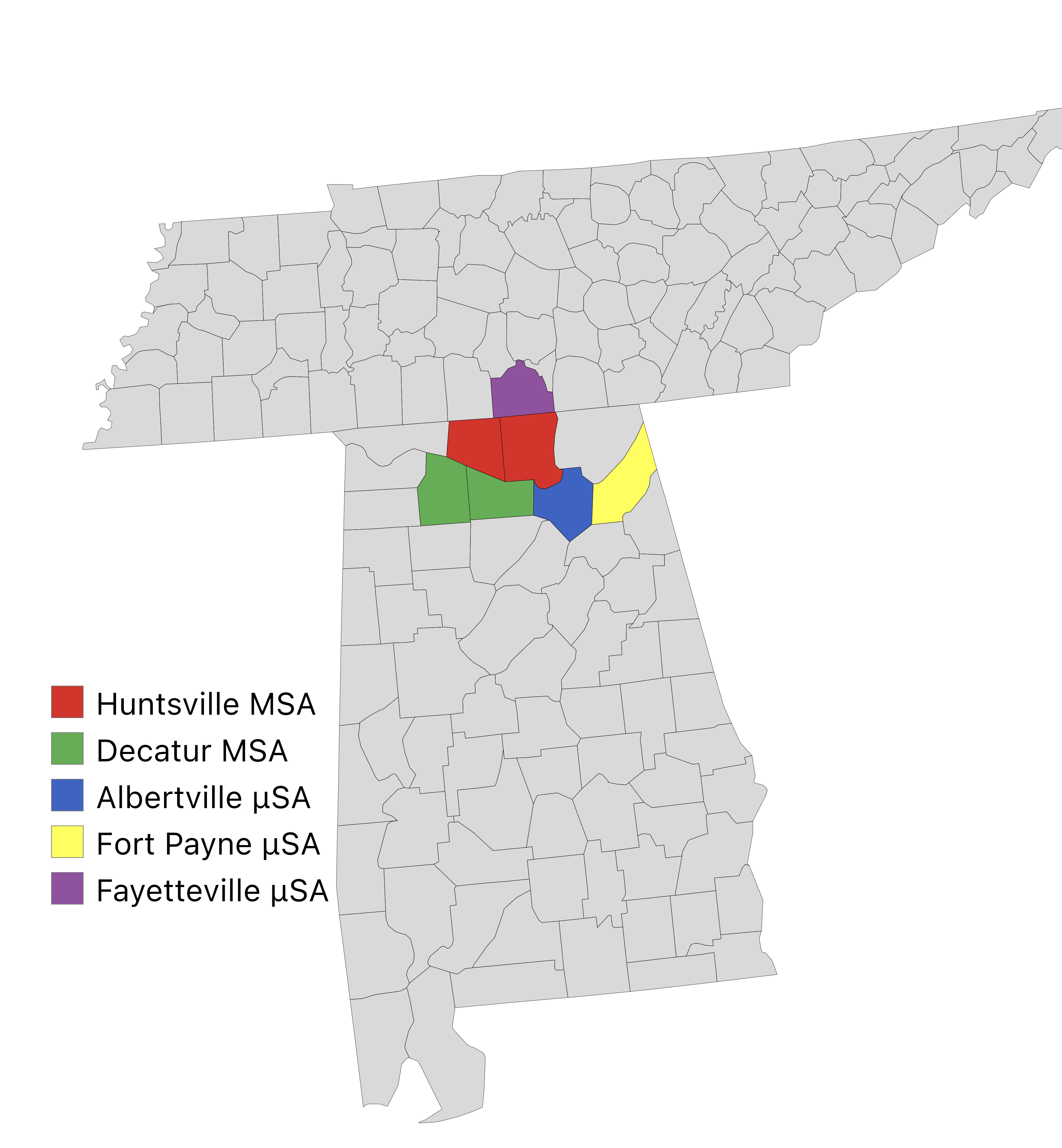 The Huntsville-Decatur-Albertville, AL Combined Statistical Area is the most populated sub-region of North Alabama, and is the second largest Combined Statistical Area in the State of Alabama after Birmingham. The Huntsville-Decatur-Albertville  CSA had a total of 879,315 people in 2022 and ranks 68th in the country.The CSA is situated along the Tennessee River, and is made up of two separate metropolitan areas (Decatur and Huntsville) and 3 Micropolitan areas ( Albertville, Fort Payne, and Fayetteville) that are usually referred to as one. The Decatur MSA, Albertville µSA, and Fort Payne µSA are south of the Tennessee River and the Huntsville MSA and Fayetteville µSA are north of it.
Significant cities included in the CSA include Albertville, Arab, Athens, Boaz, Decatur, Fayetteville, Fort Payne, Guntersville, Hartselle, Huntsville, and Madison, as well as DeKalb, Lawrence, Limestone, Lincoln, Madison, Marshall, and Morgan counties.
Huntsville is the largest city in the area with a population of 215,006 people, and a metro population of 502,728. Decatur is the second largest city with a population of 57,938 people, and a metro population of 156,758. Mooresville is the smallest town in the CSA with 47 people.